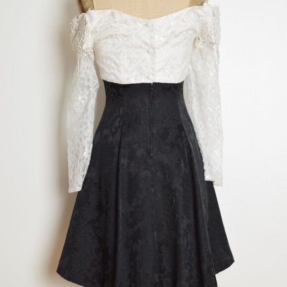 vintage 80s party dress black brocade white crochet lace off shoulder prom XS S - Picture 8 of 9